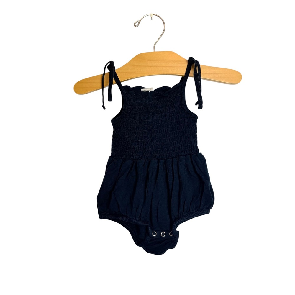 Kate Quinn Baby Smocked Bubble Romper Black Bamboo Viscose Tie Strap 0-3M